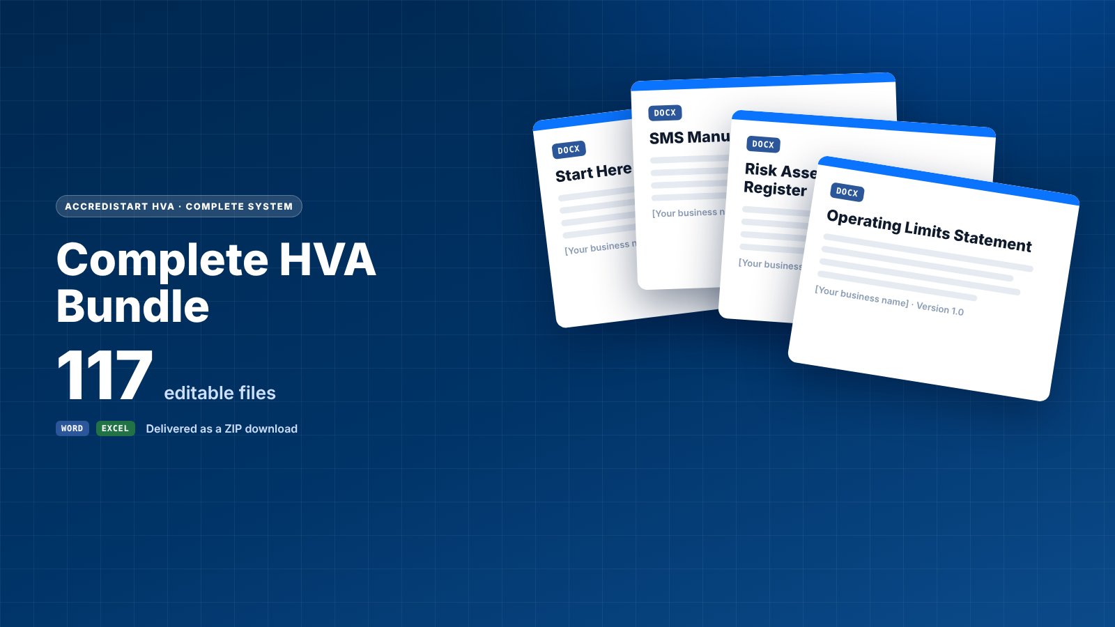 AccrediStart HVA Complete Bundle: 117 editable Word and Excel files across GSA, Maintenance, Fatigue, Mass and application support