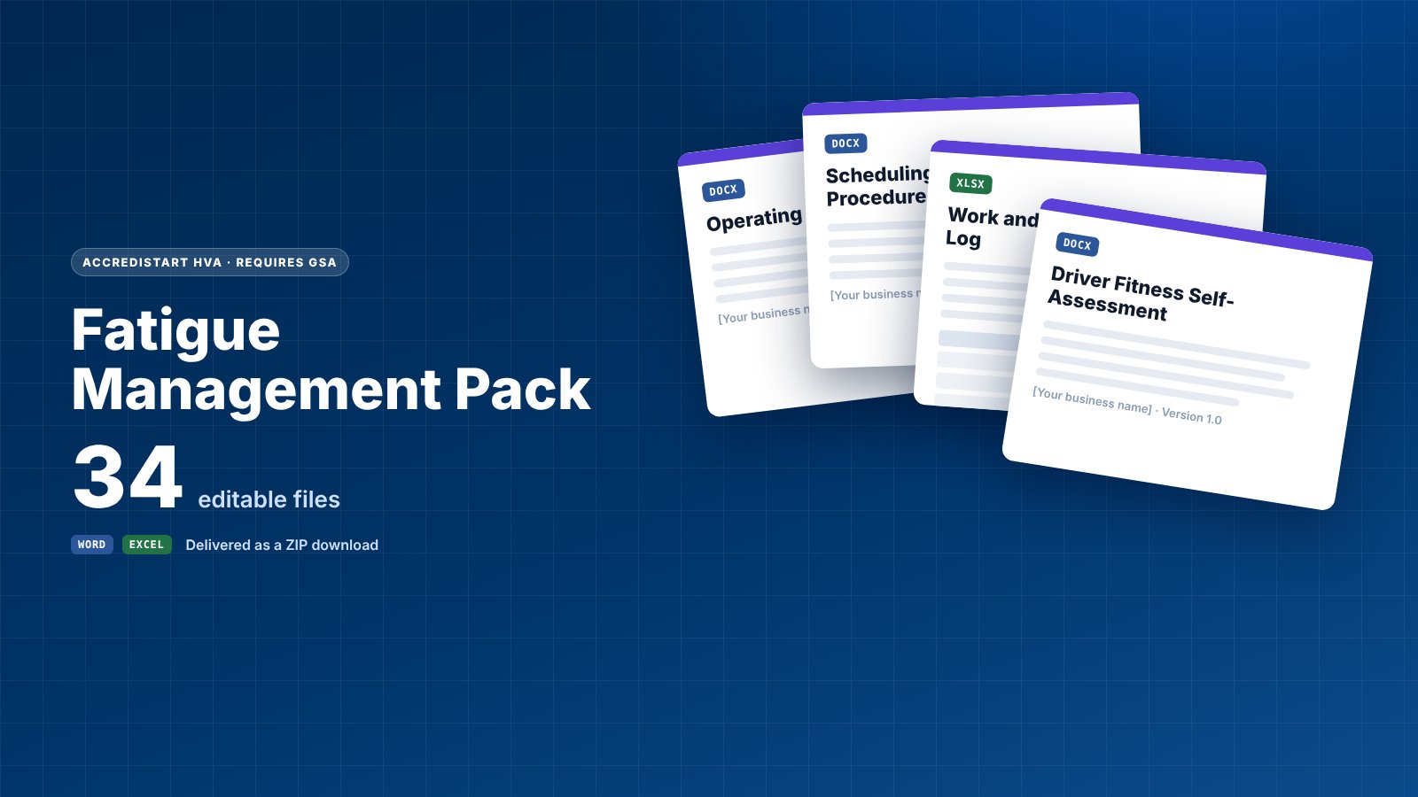Fatigue Management Pack: 34 editable Word and Excel files including policy and limits, scheduling and rostering, work and rest records