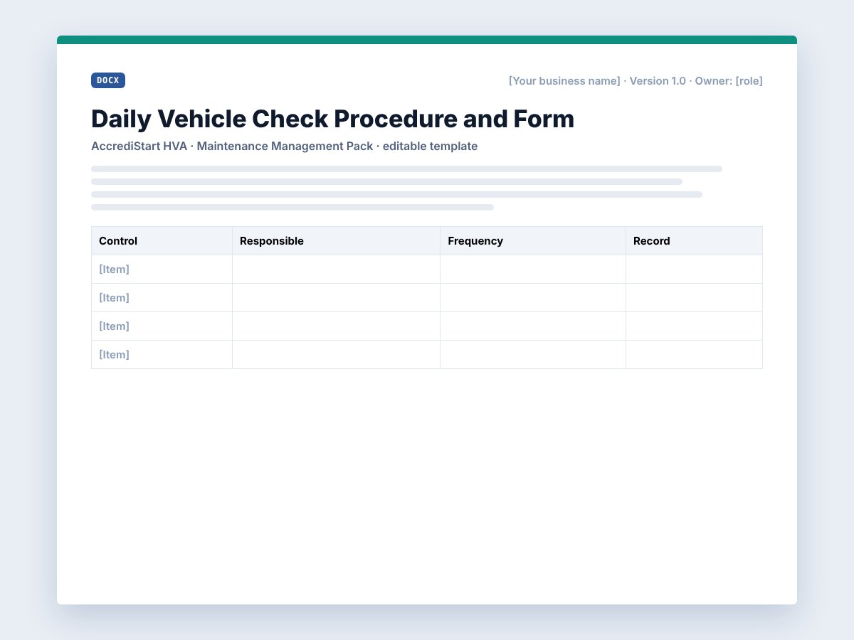 Representative preview of a Maintenance Management Pack template with placeholders for your business details