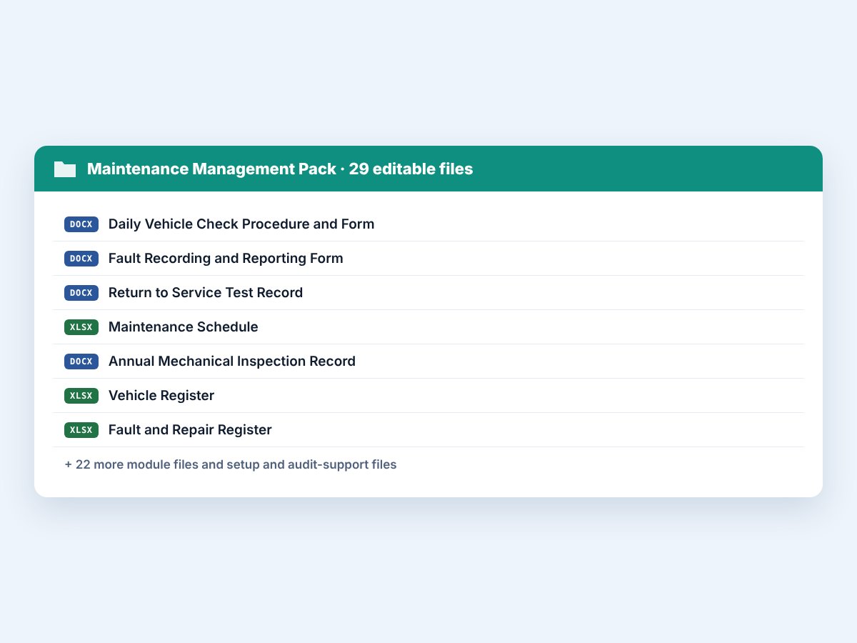 List of representative files in the Maintenance Management Pack